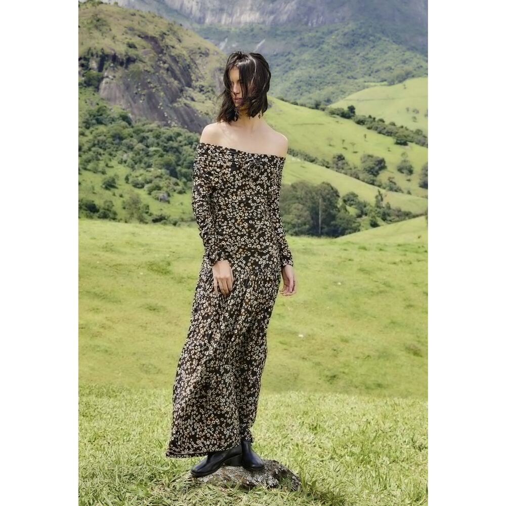 Farm Rio black tiny flowers long sleeve maxi dress